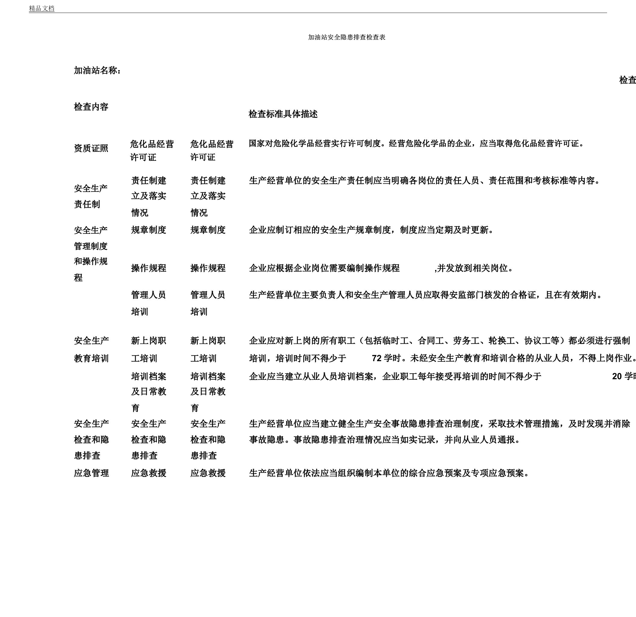 加油站安全隐患排查检查标准表格