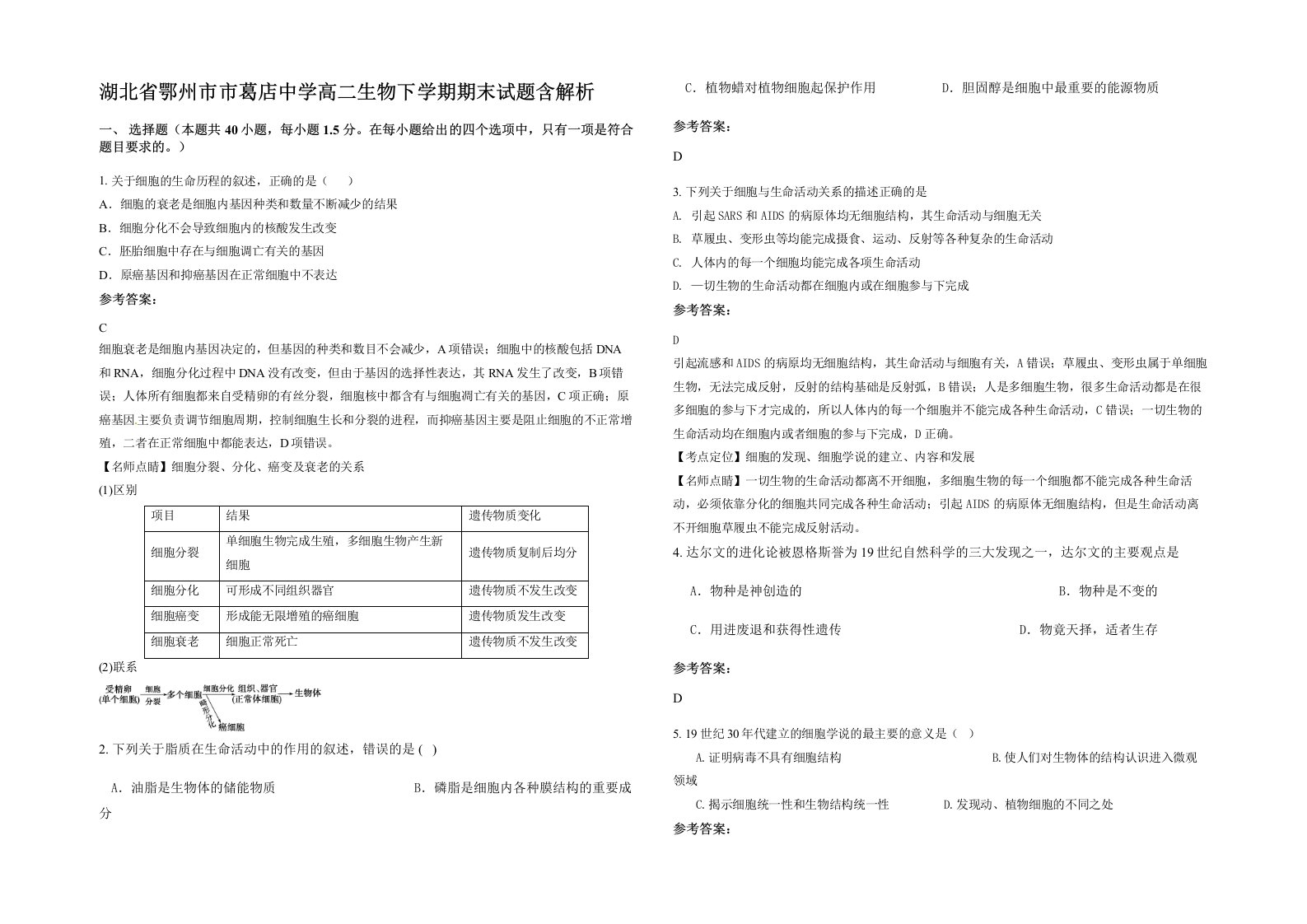 湖北省鄂州市市葛店中学高二生物下学期期末试题含解析