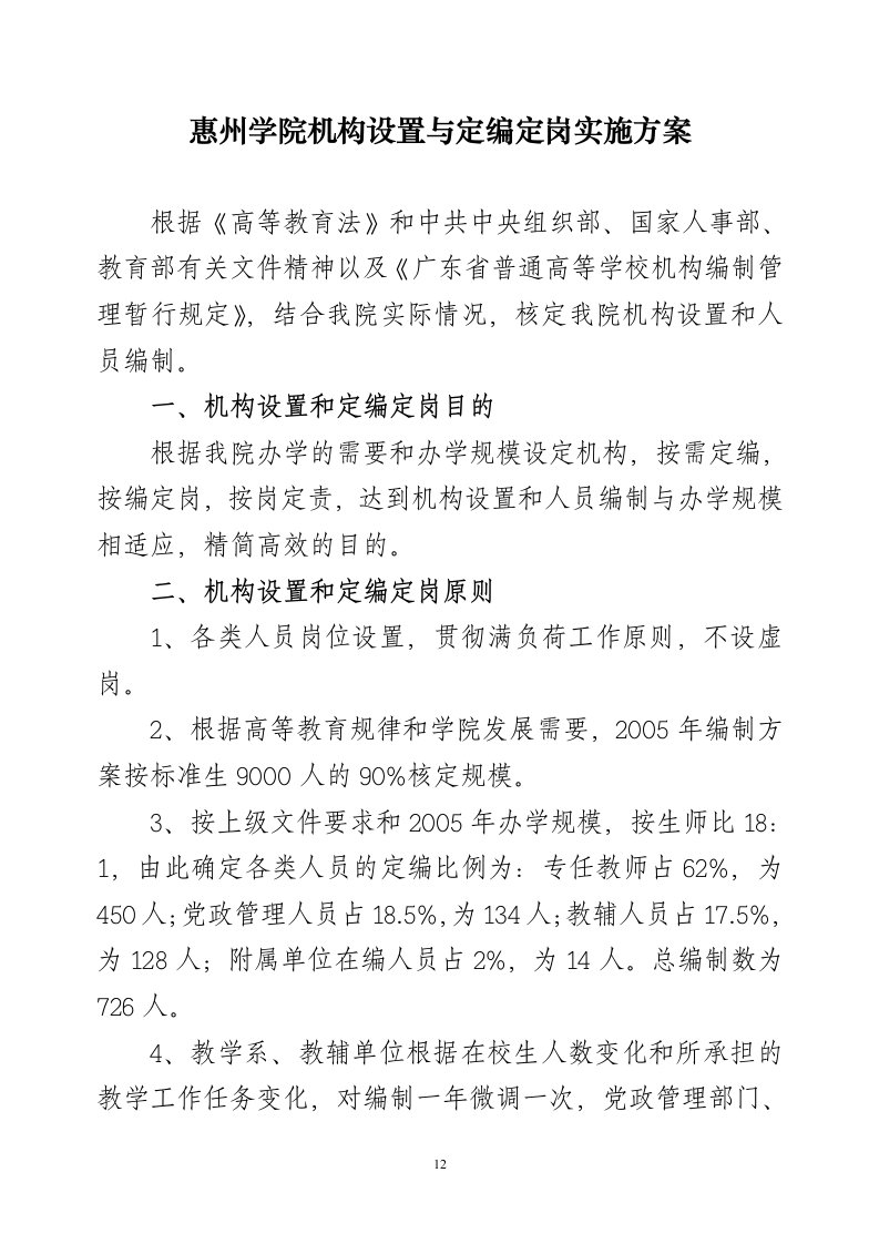 惠州学院机构设置与定编定岗实施方案