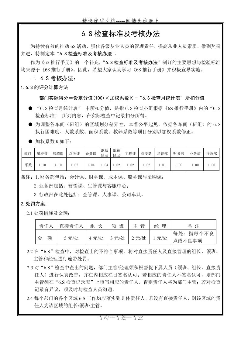 6S检查标准及考核办法(共7页)