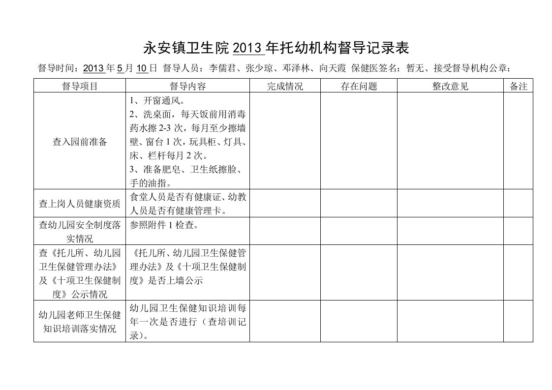 托幼机构督导记录表doc永安（明细）