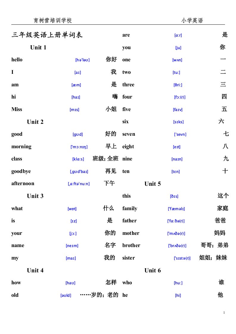 湘少版小学英语上册单词表带音标