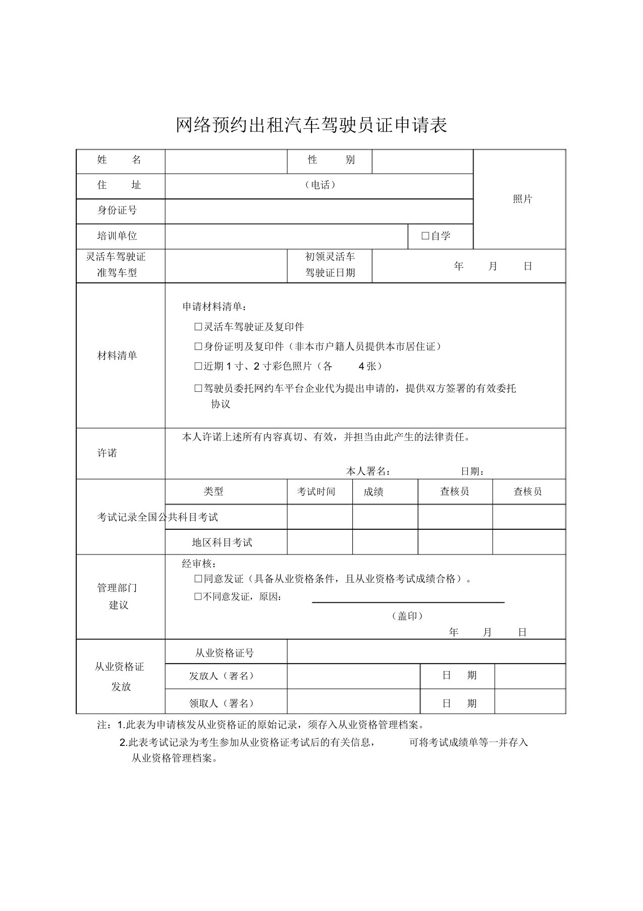 网络预约出租汽车驾驶员证申请表