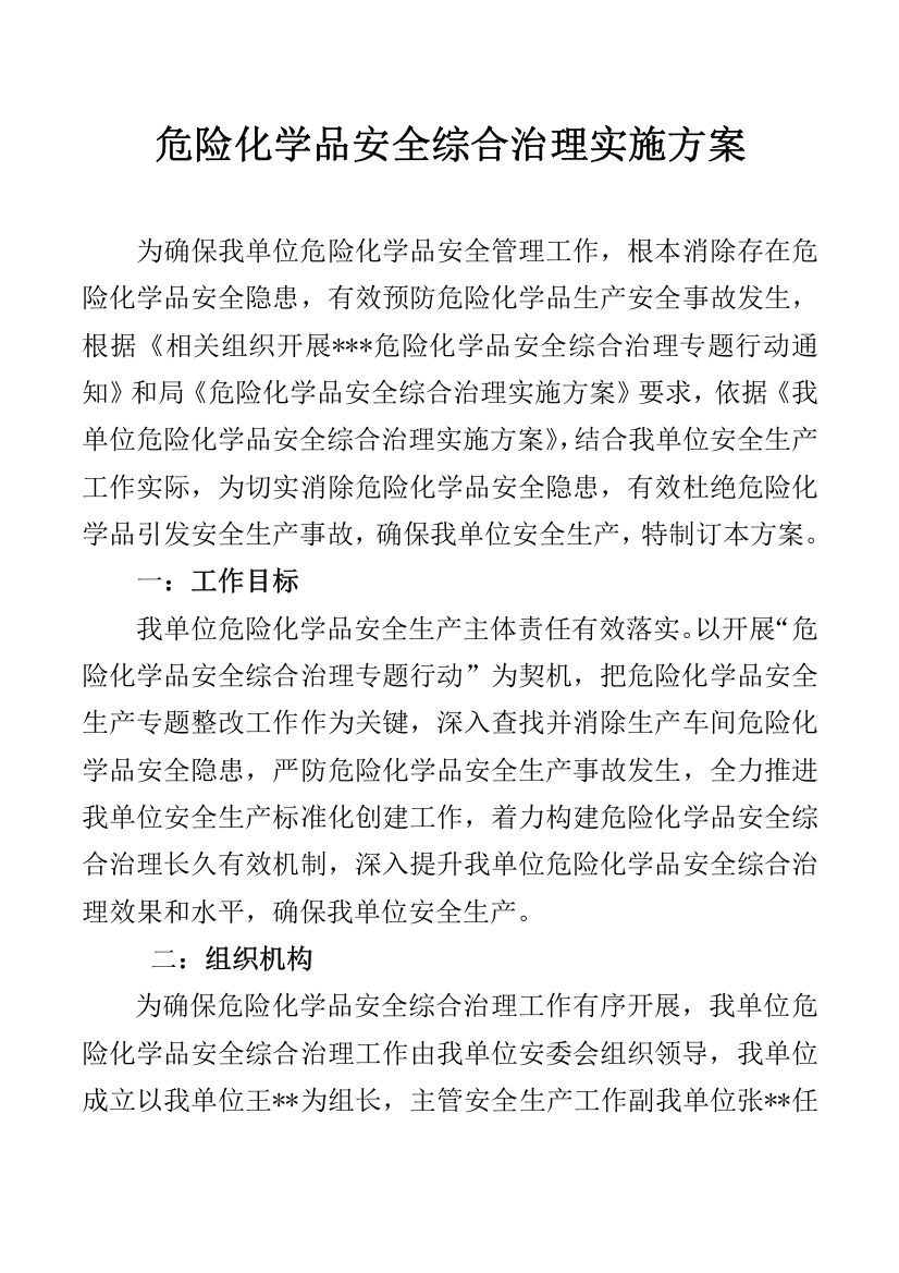 危险化学品安全管理实施专业方案