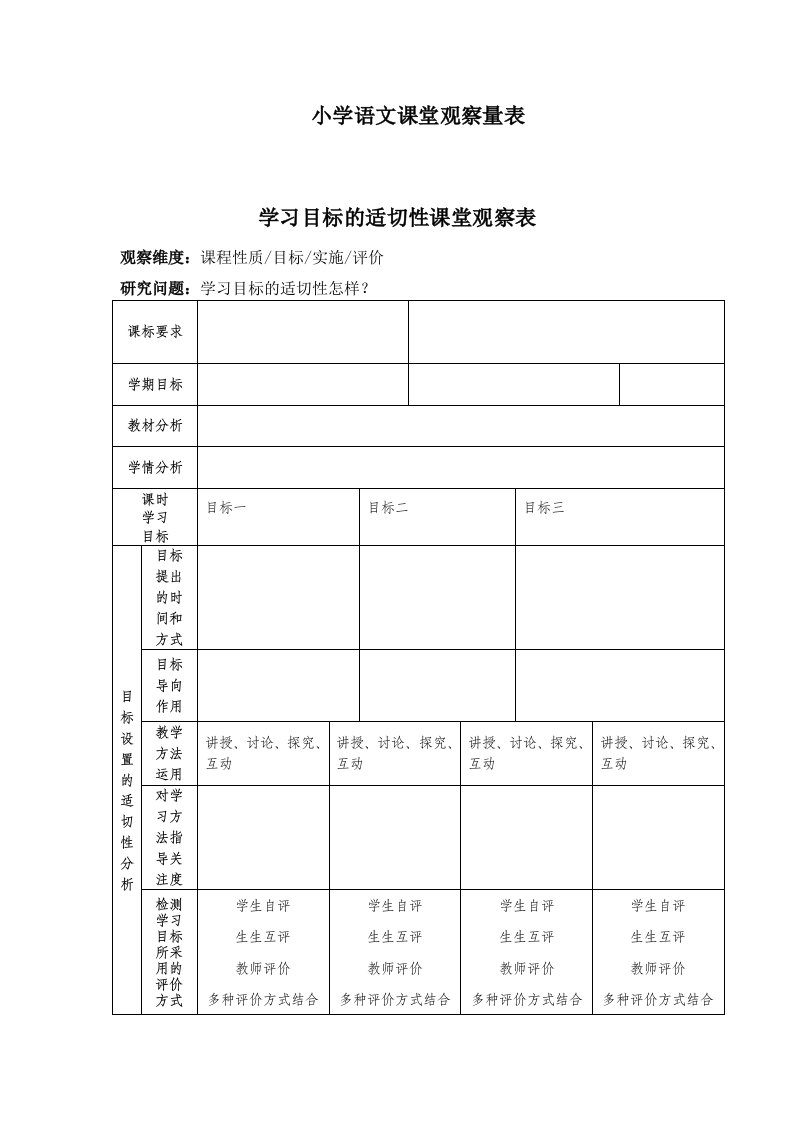 小学语文学科课堂观察量表