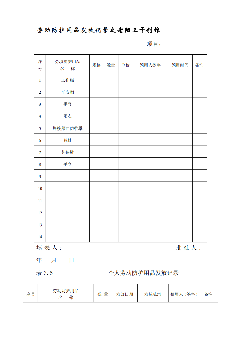 个人劳动防护用品发放记录