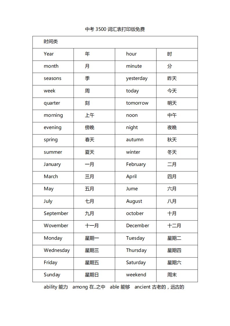 中考3500词汇表打印版免费