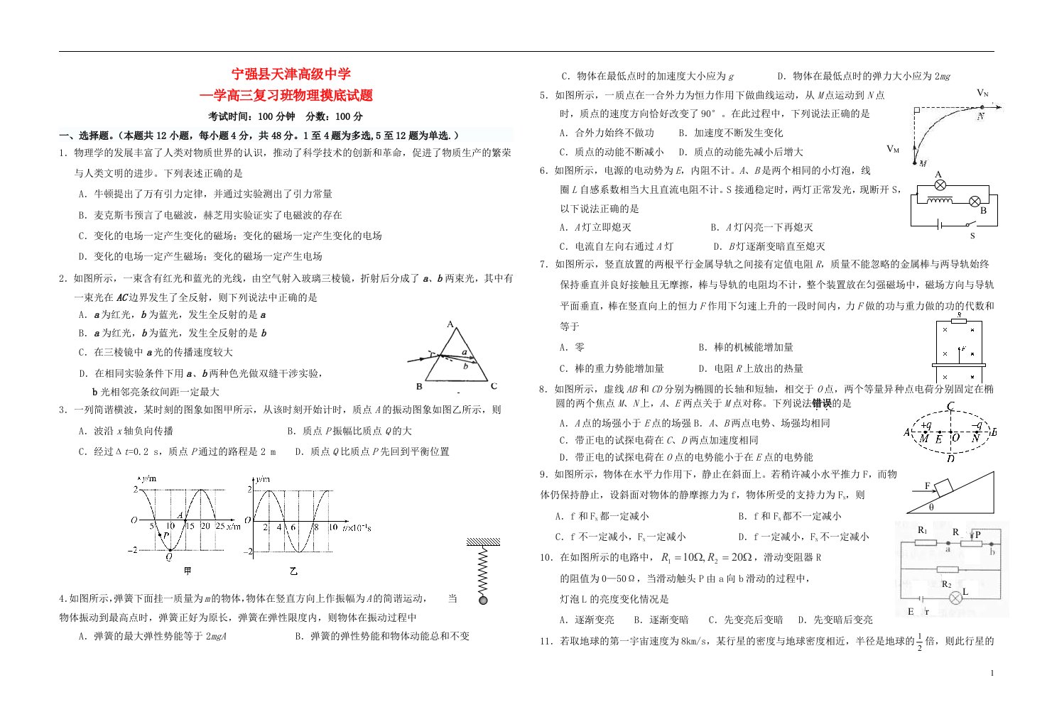 陕西省宁强县天津高级中学高三物理复习班摸底考试试题新人教版