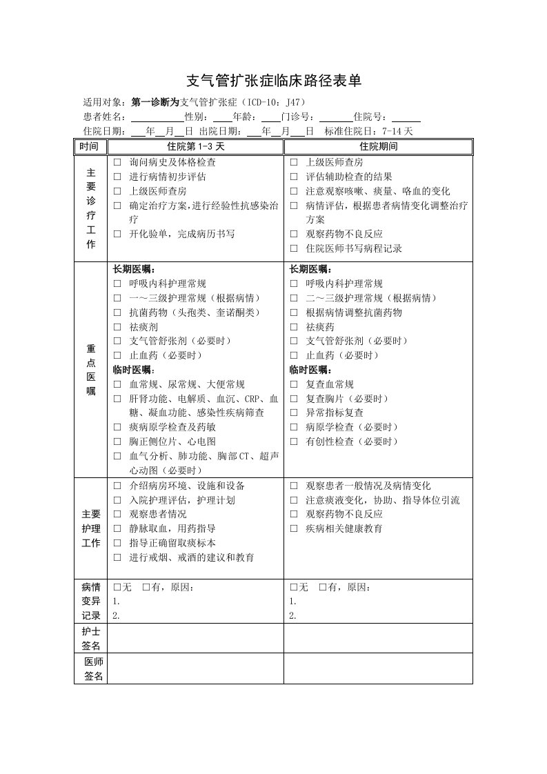 支气管扩张症临床路径表单