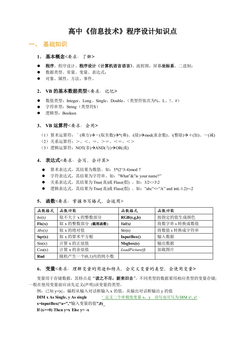 高中信息技术程序设计知识点