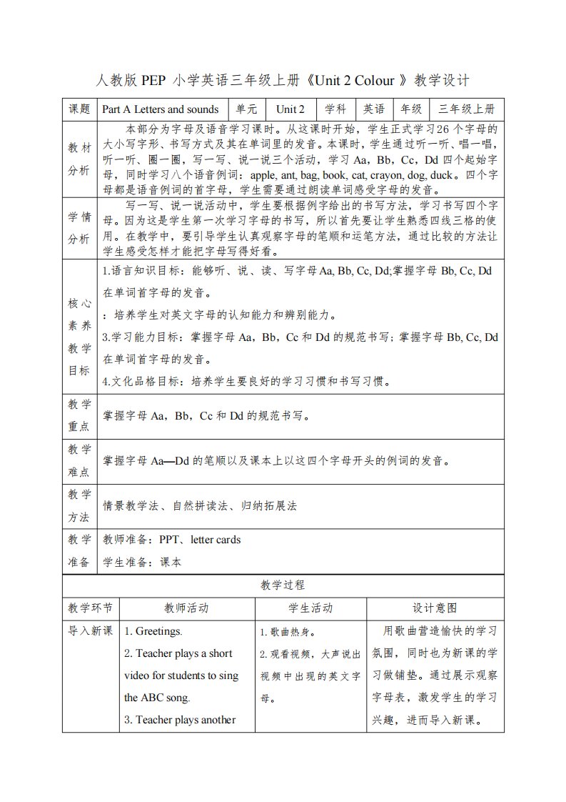 Unit2ColoursPartALettersandsounds教案(含教学反思)小学英语三年级上