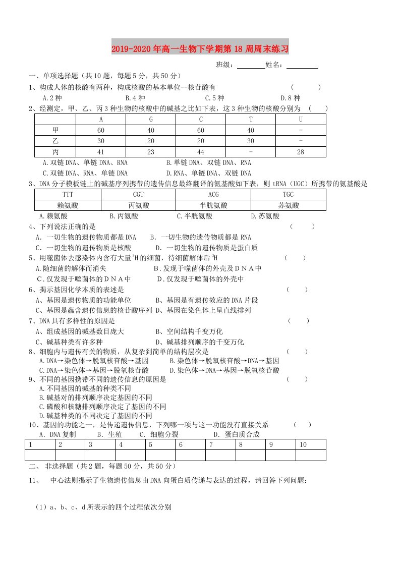 2019-2020年高一生物下学期第18周周末练习