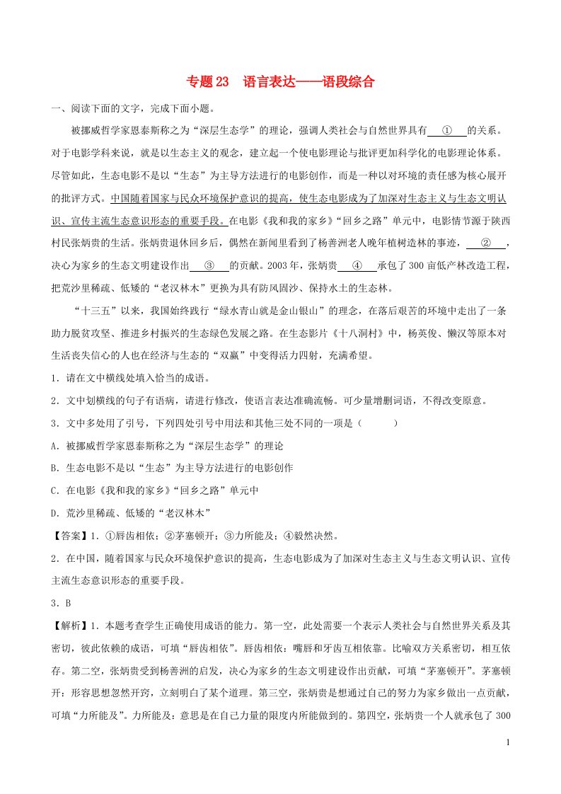 2023年高考语文二轮复习专项练专题23语言表达__语段综合含解析