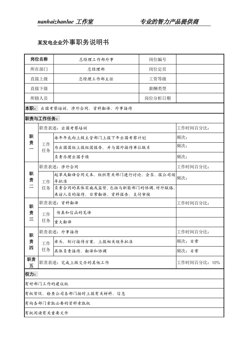 某发电企业外事职务说明书