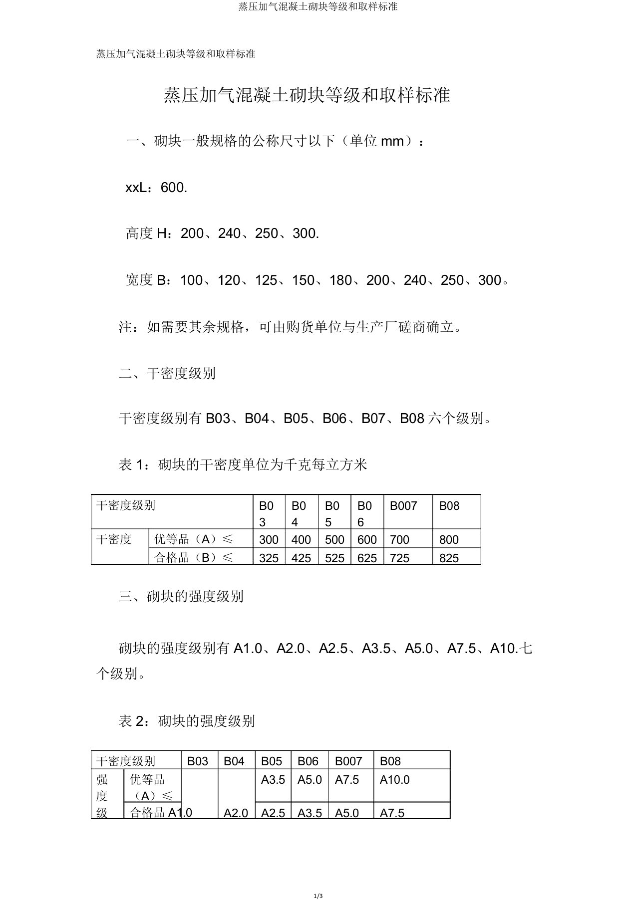 蒸压加气混凝土砌块等级和取样标准