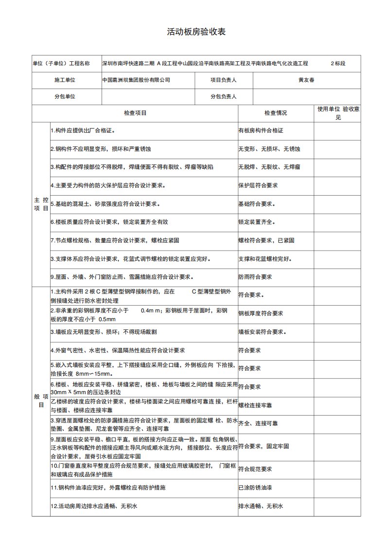 临时设施活动板房验收记录表