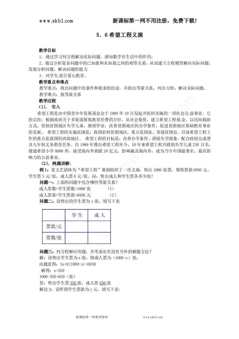 【小学中学教育精选】常德市鼎城区周家店镇中学北师大版七年级数学上册教案：5．6希望工程义演