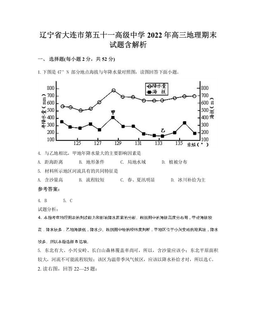 辽宁省大连市第五十一高级中学2022年高三地理期末试题含解析