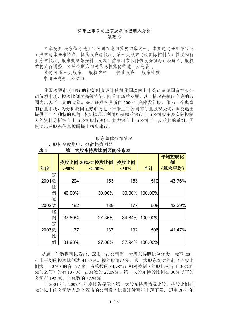 深市上市公司股东及实际控制人分析