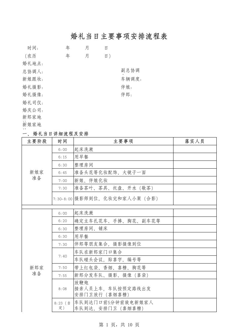 婚礼当日主要事项安排流程表