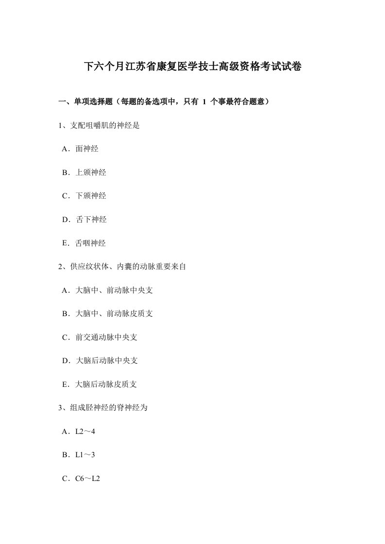 2024年下半年江苏省康复医学技士高级资格考试试卷