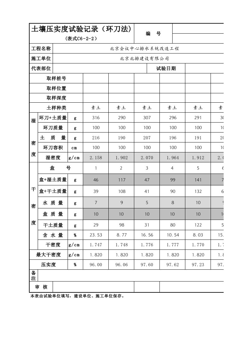 环刀法测压实度自动计算表格