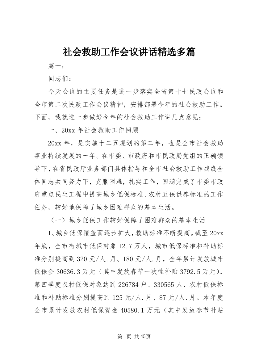 社会救助工作会议致辞精选多篇