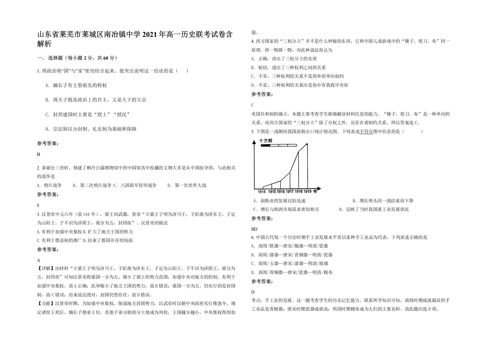 山东省莱芜市莱城区南冶镇中学2021年高一历史联考试卷含解析