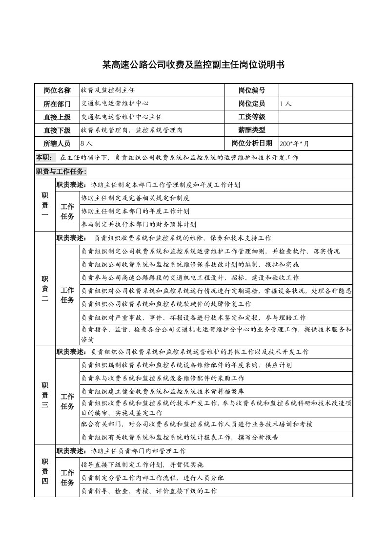 某高速公路公司收费及监控副主任岗位说明书