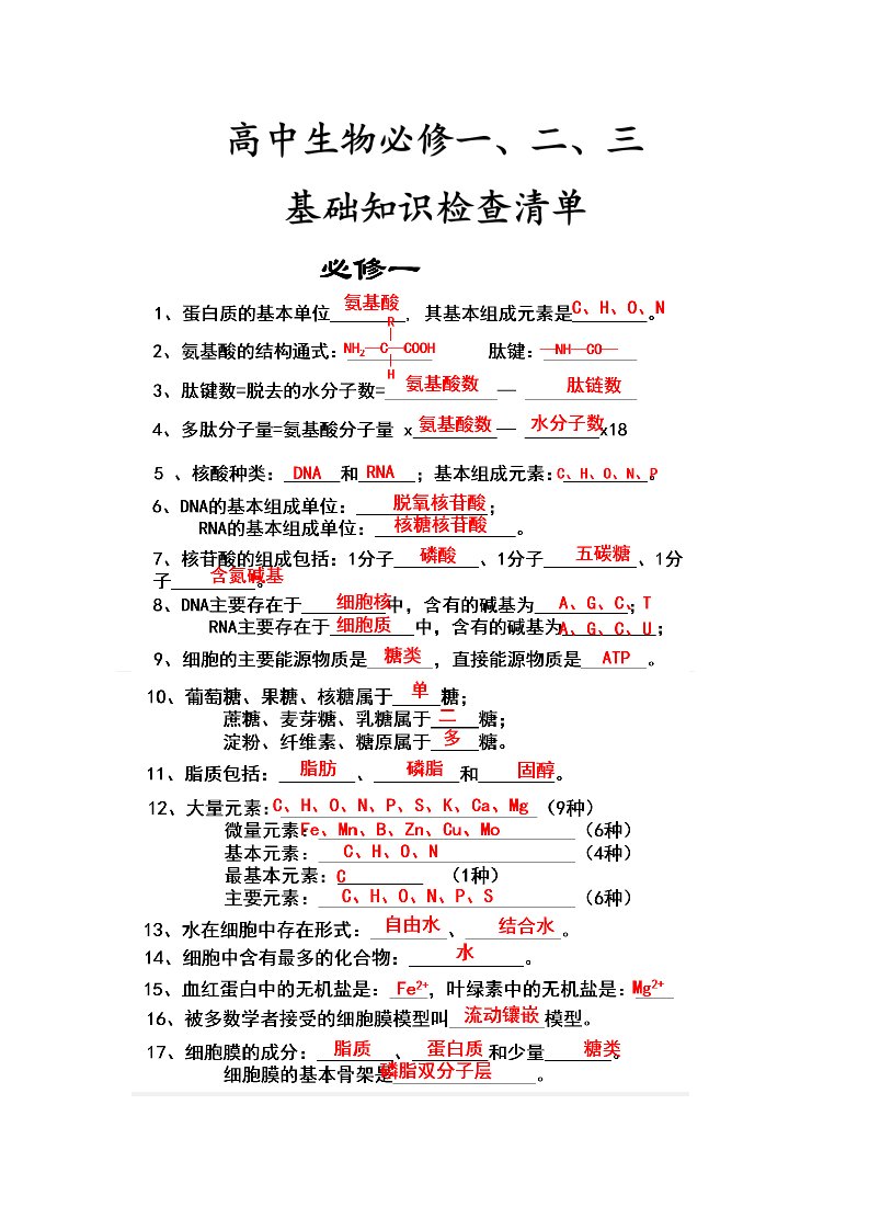 高中生物会考知识点总结资料便于背诵