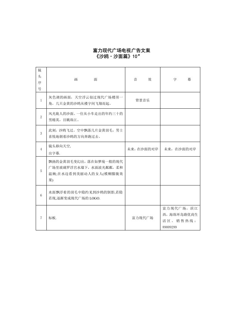 富力现代广场电视广告文案沙鸥篇脚本文案