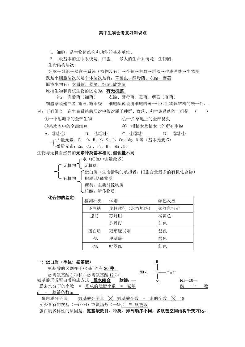 高中生物会考复习知识点