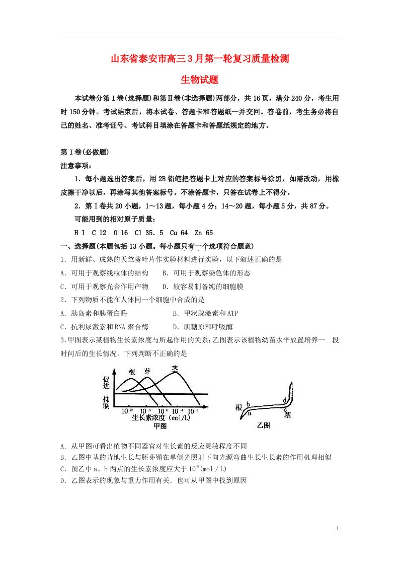 山东省泰安市高三生物3月第一轮复习质量检测试题新人教版