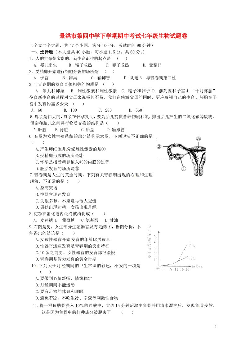 云南省景洪市第四中学七级生物下学期期中试题