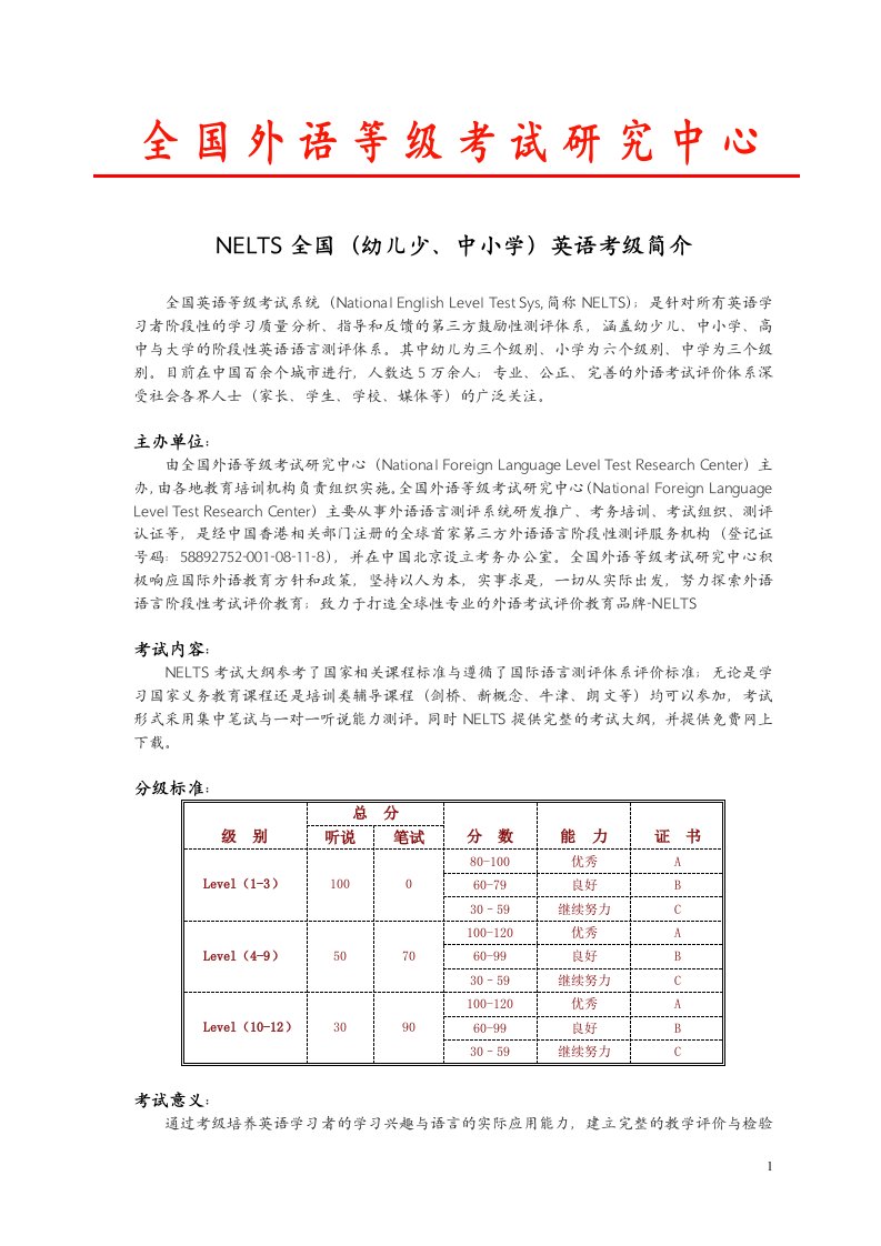 NELTS全国英语考级考试