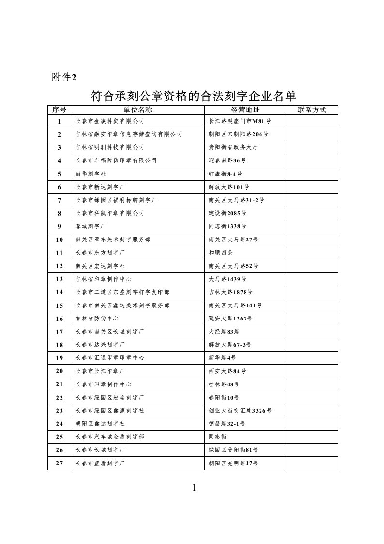 长春市符合承刻公章资格的27家合法刻字企业名单