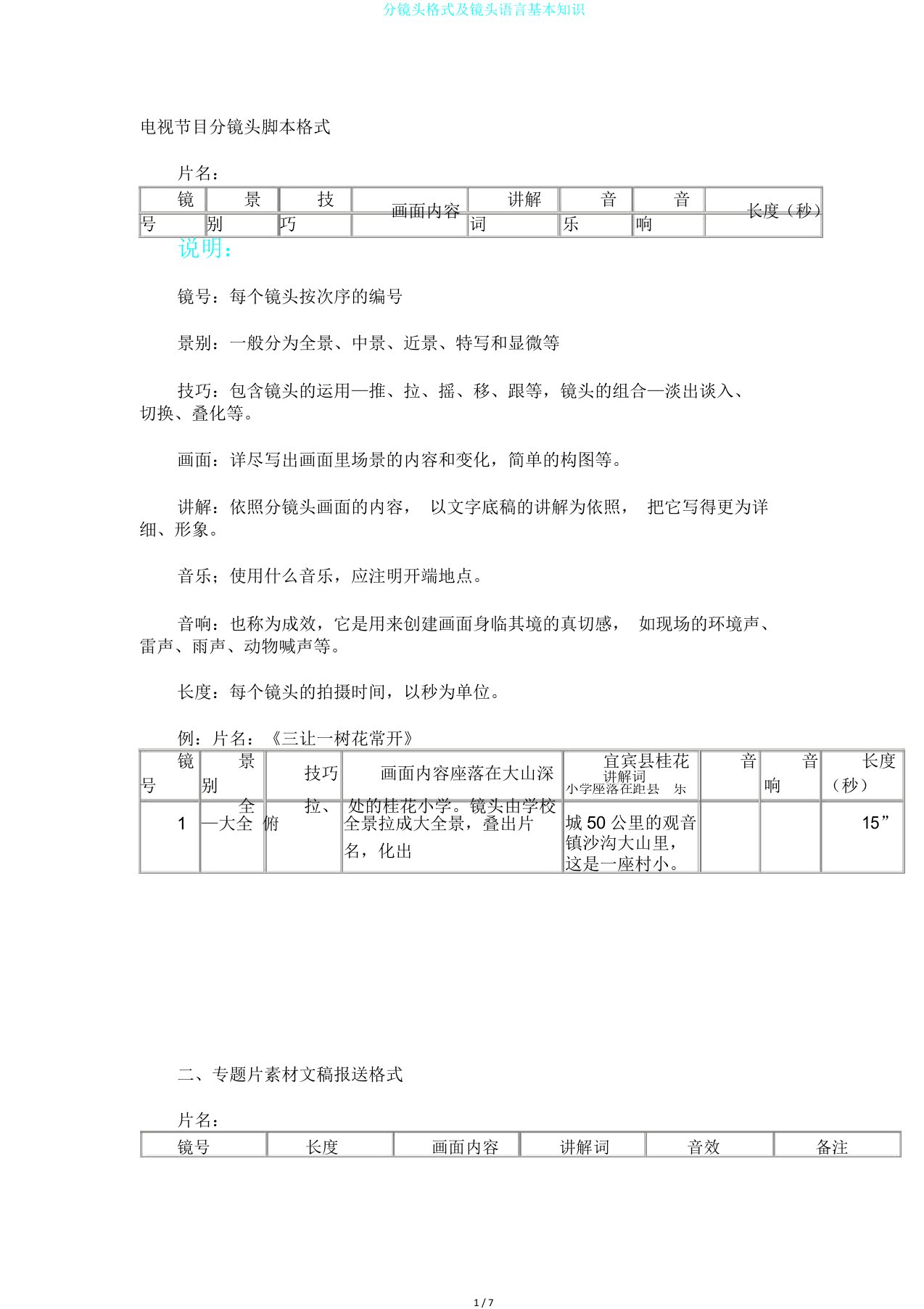 分镜头格式及镜头语言基本知识