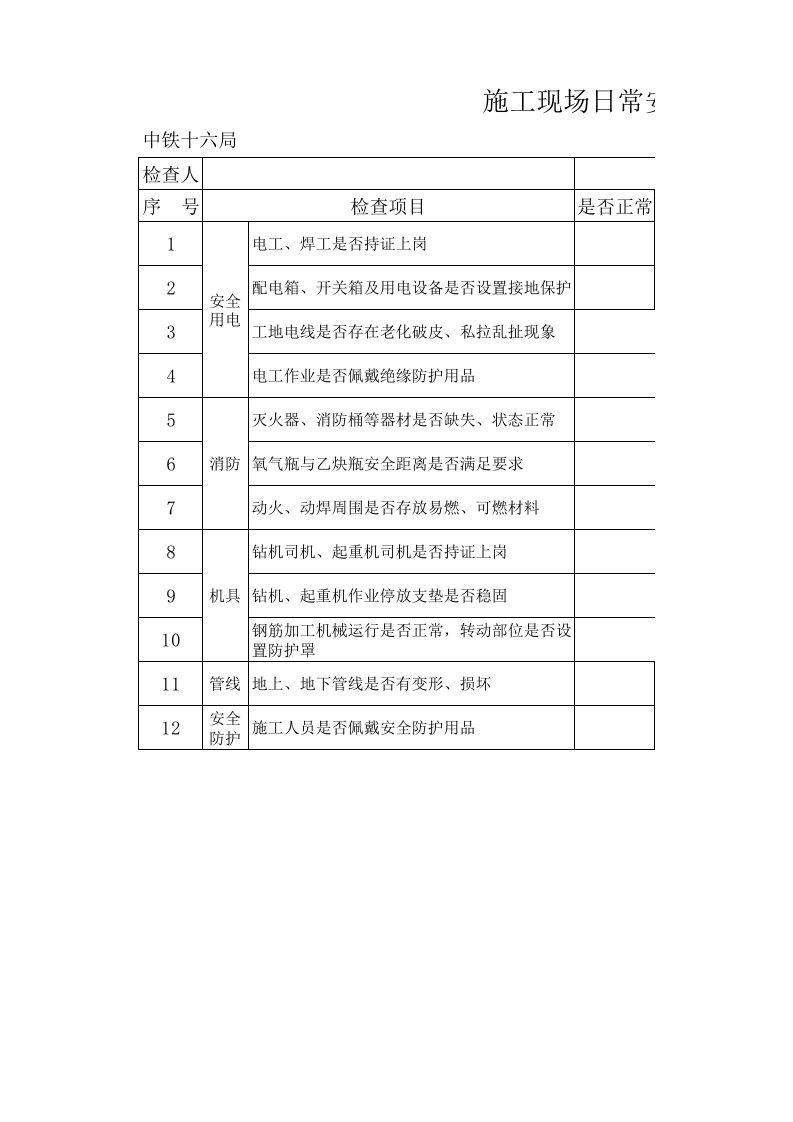 施工现场日常安全检查记录表