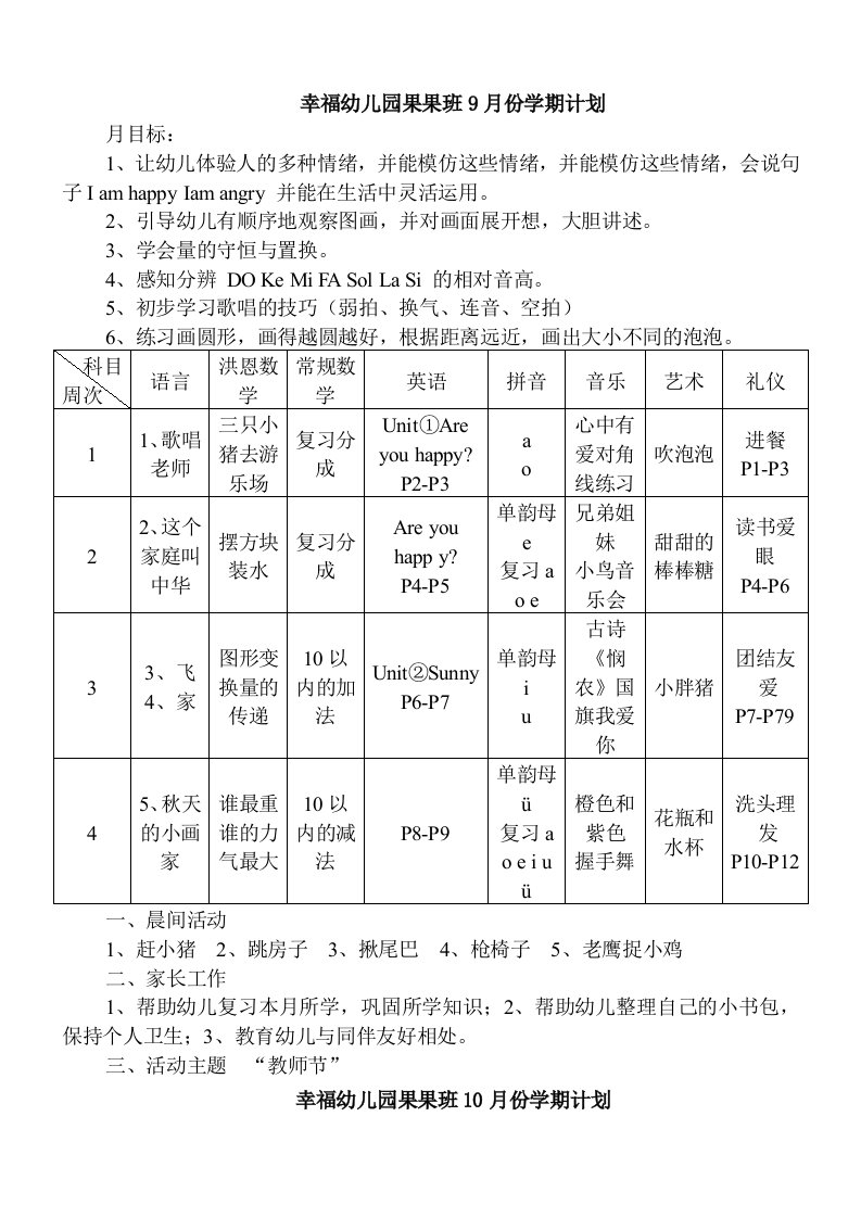 幸福幼儿园果果班9月份学期计划