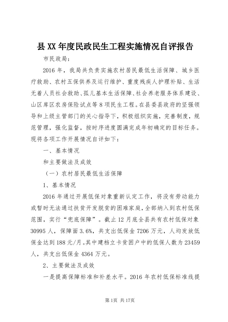 6县某年度民政民生工程实施情况自评报告