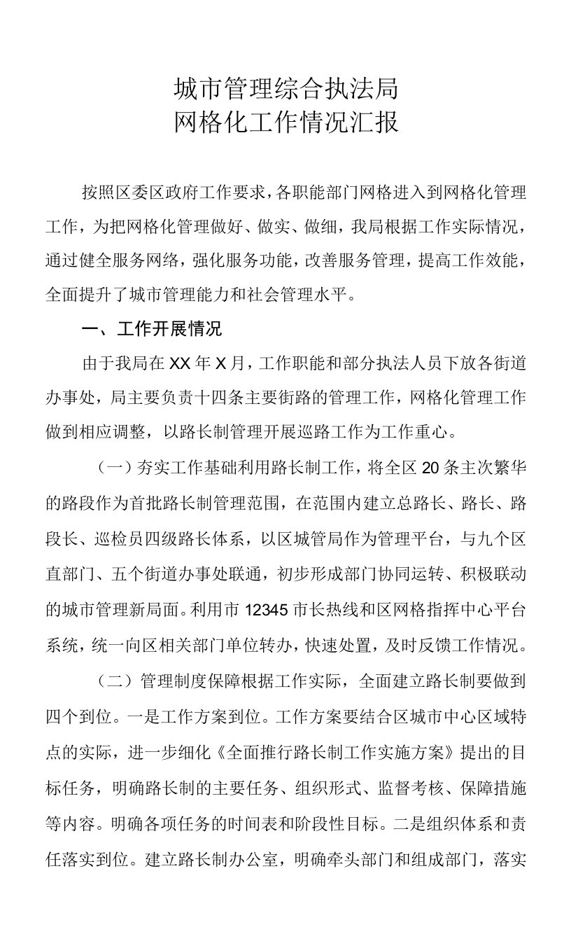 城市管理综合执法局网格化工作情况汇报docx