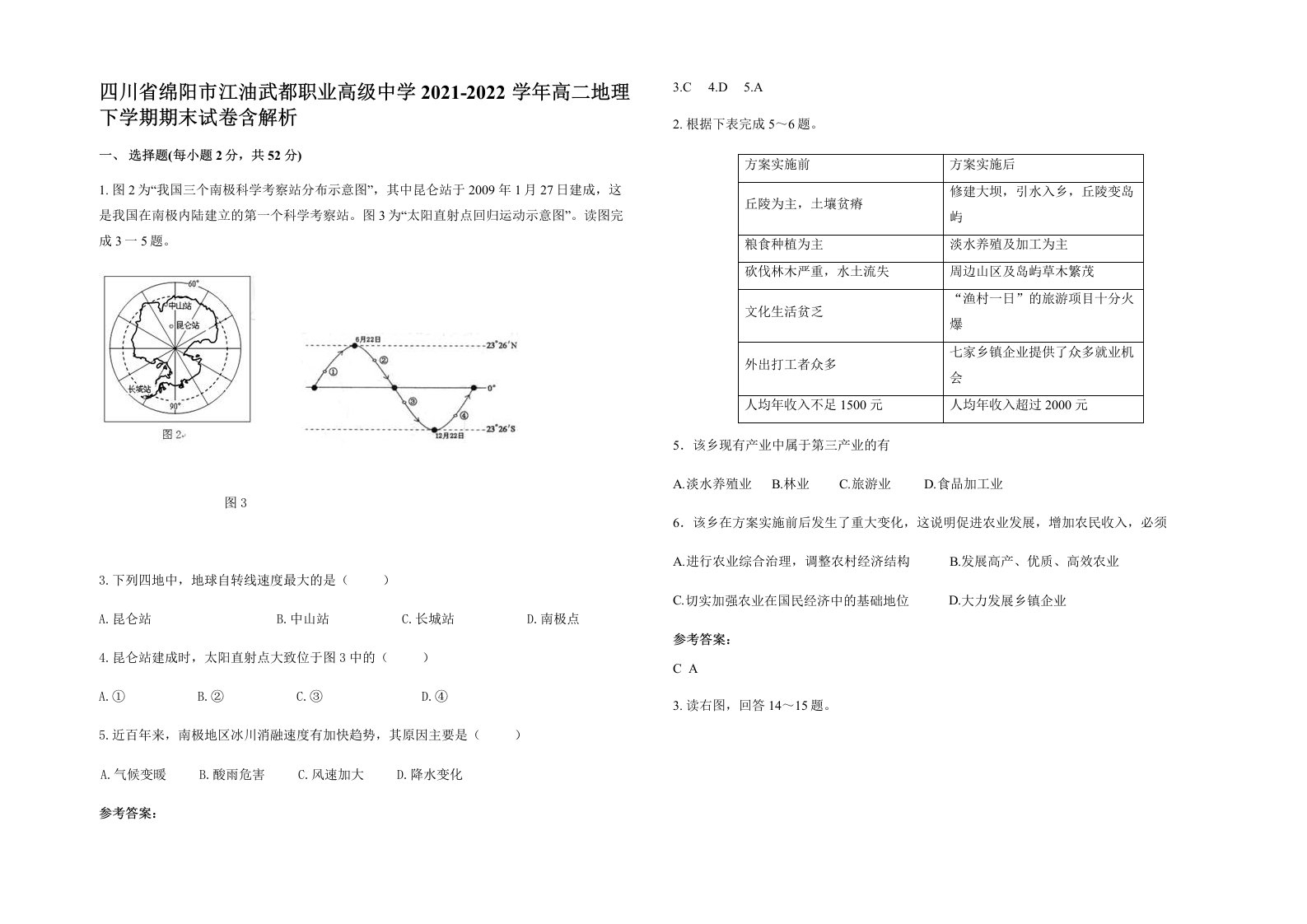 四川省绵阳市江油武都职业高级中学2021-2022学年高二地理下学期期末试卷含解析