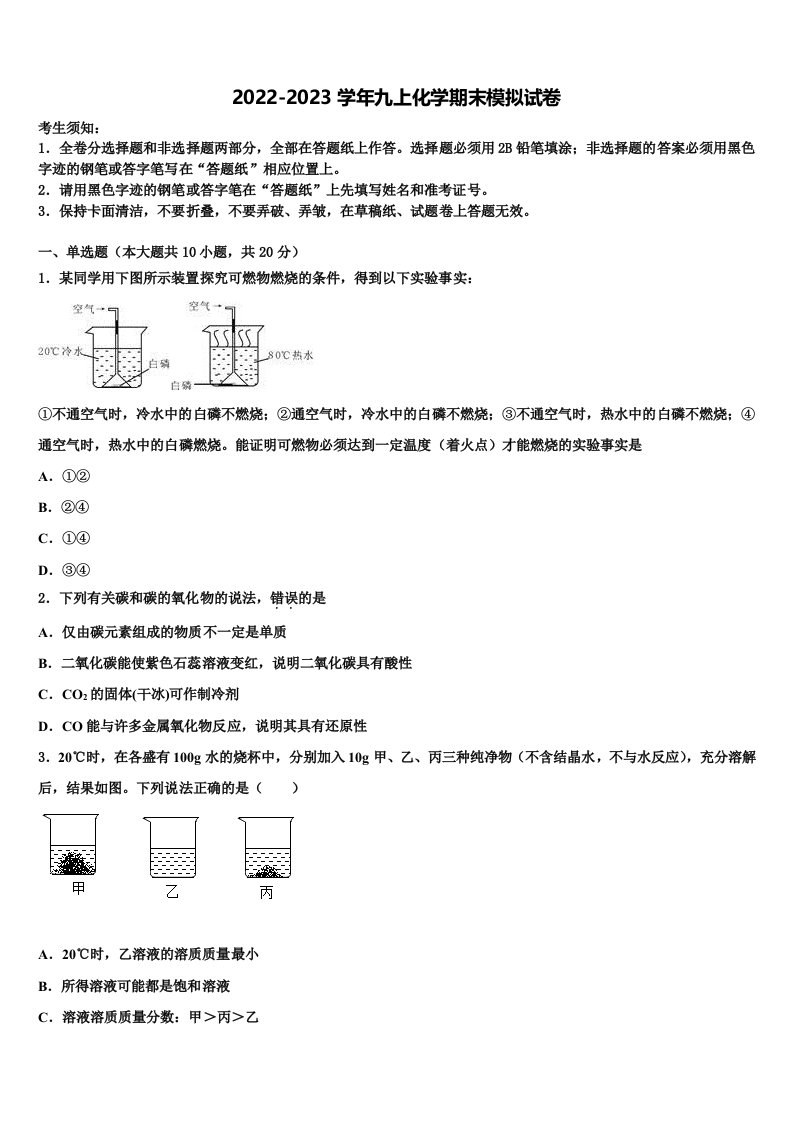 2022年四川省乐山市名校九年级化学第一学期期末复习检测模拟试题含解析