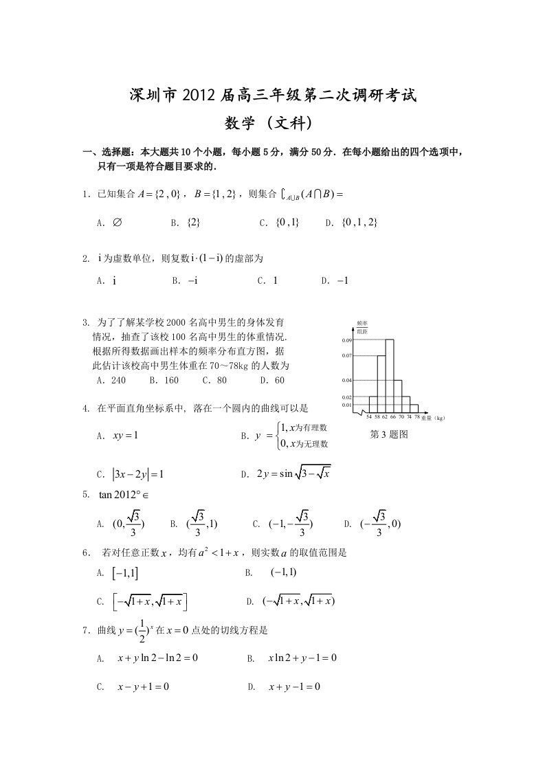 深圳市2012届高三年级第二次调研考试