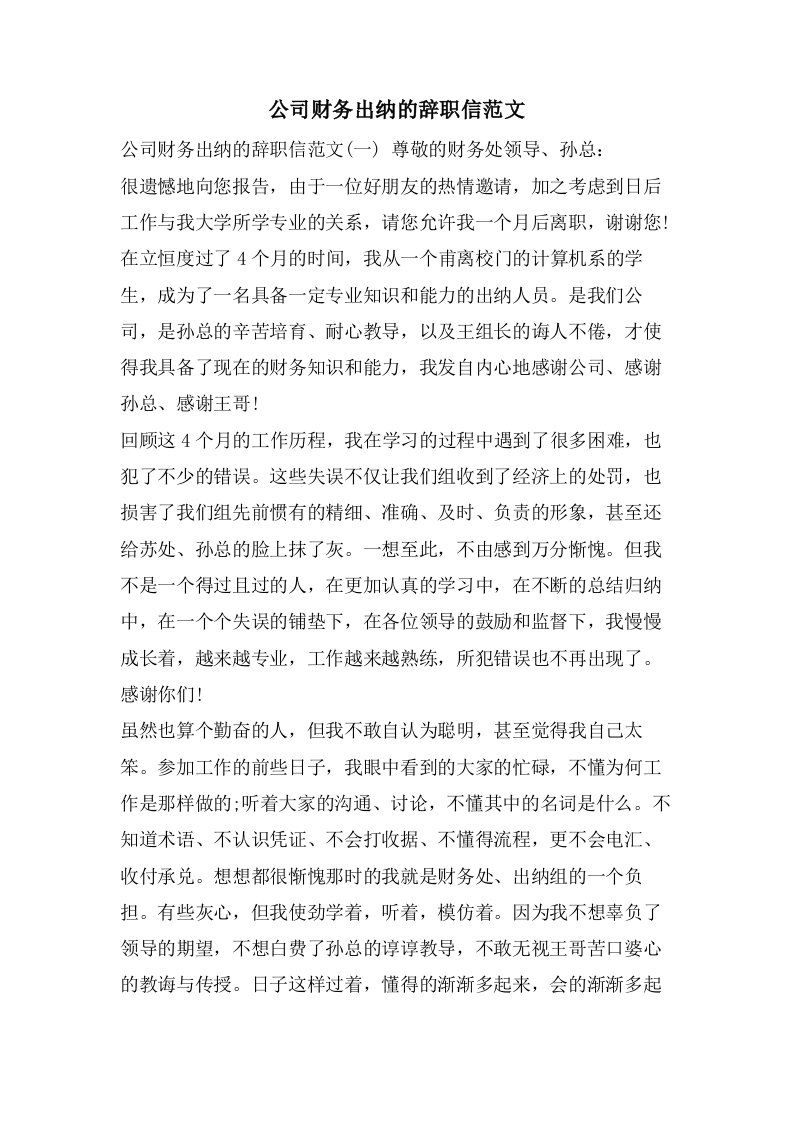 公司财务出纳的辞职信范文