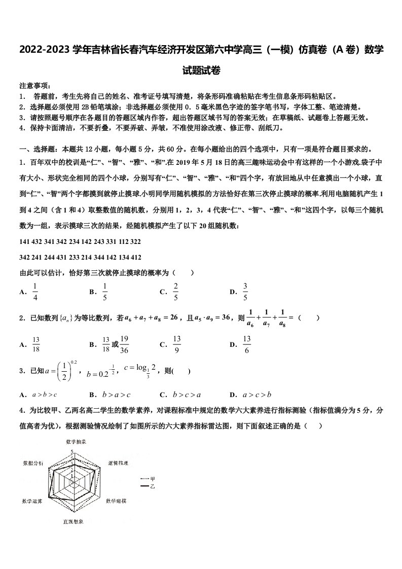 2022-2023学年吉林省长春汽车经济开发区第六中学高三（一模）仿真卷（A卷）数学试题试卷含解析