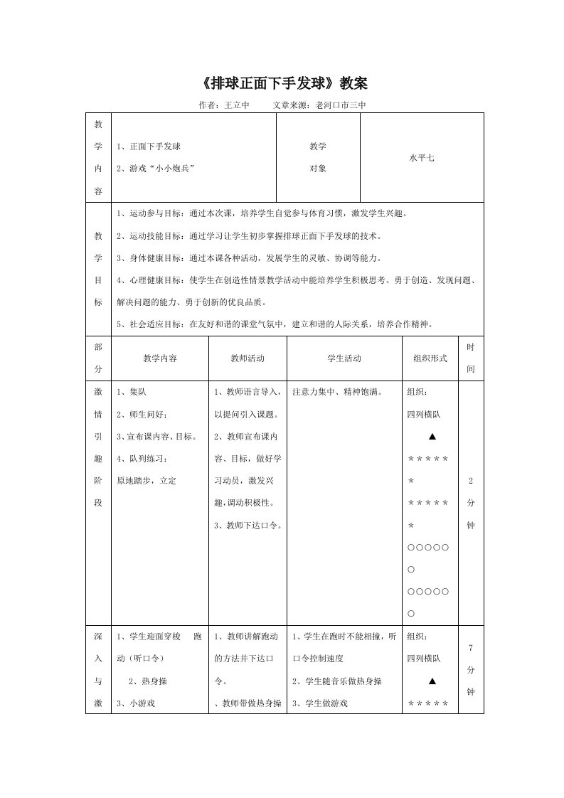 《排球正面下手发球》教学设计与教案