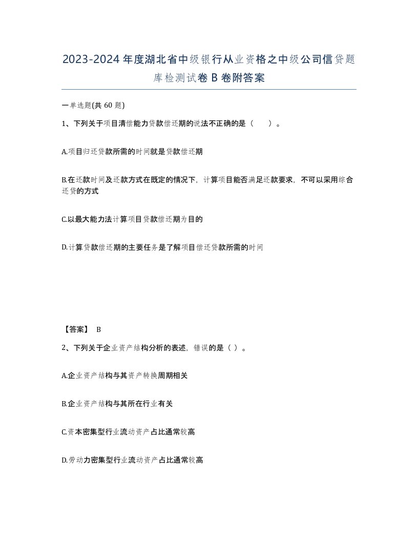 2023-2024年度湖北省中级银行从业资格之中级公司信贷题库检测试卷B卷附答案