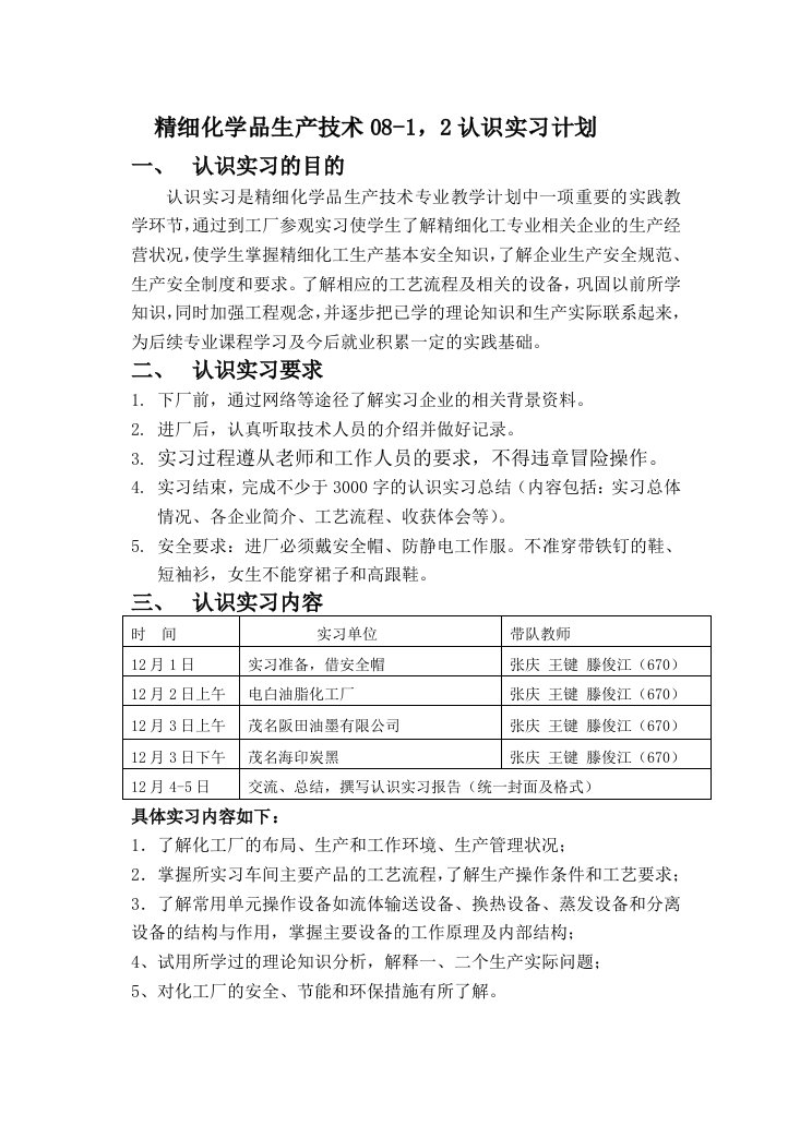 精细化学品生产技术08级认识实习计划