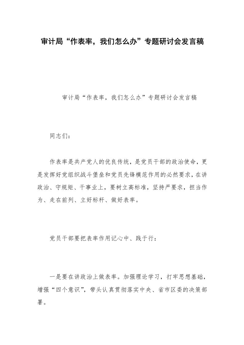 审计局“作表率，我们怎么办”专题研讨会发言稿